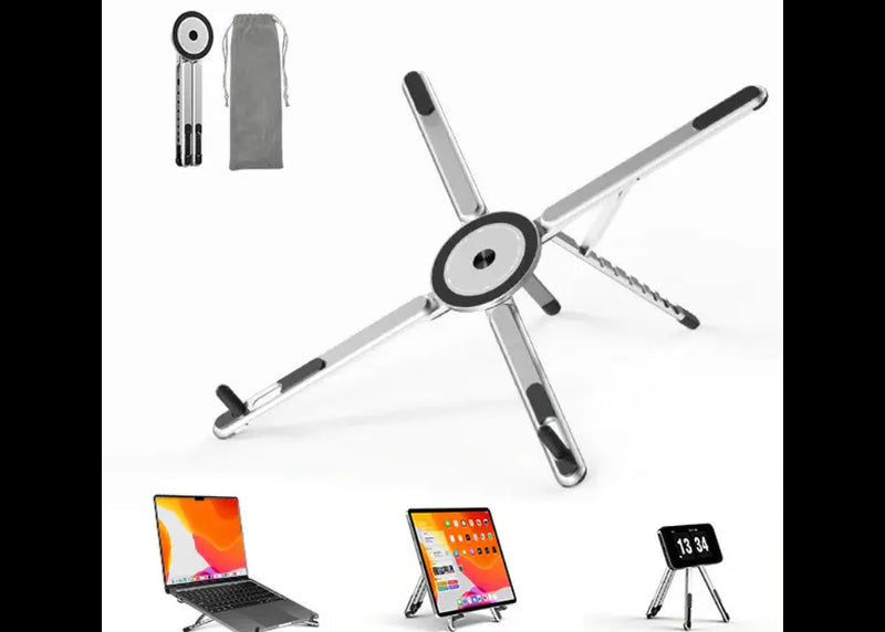 Viozon Portable Laptop Stand for Desk, Foldable Adjustable Computer Riser with Magnetic Phone Holder, Aluminum Laptop Stand for 10–16” Laptops & 4–13” Phones/Tablets (Silver)